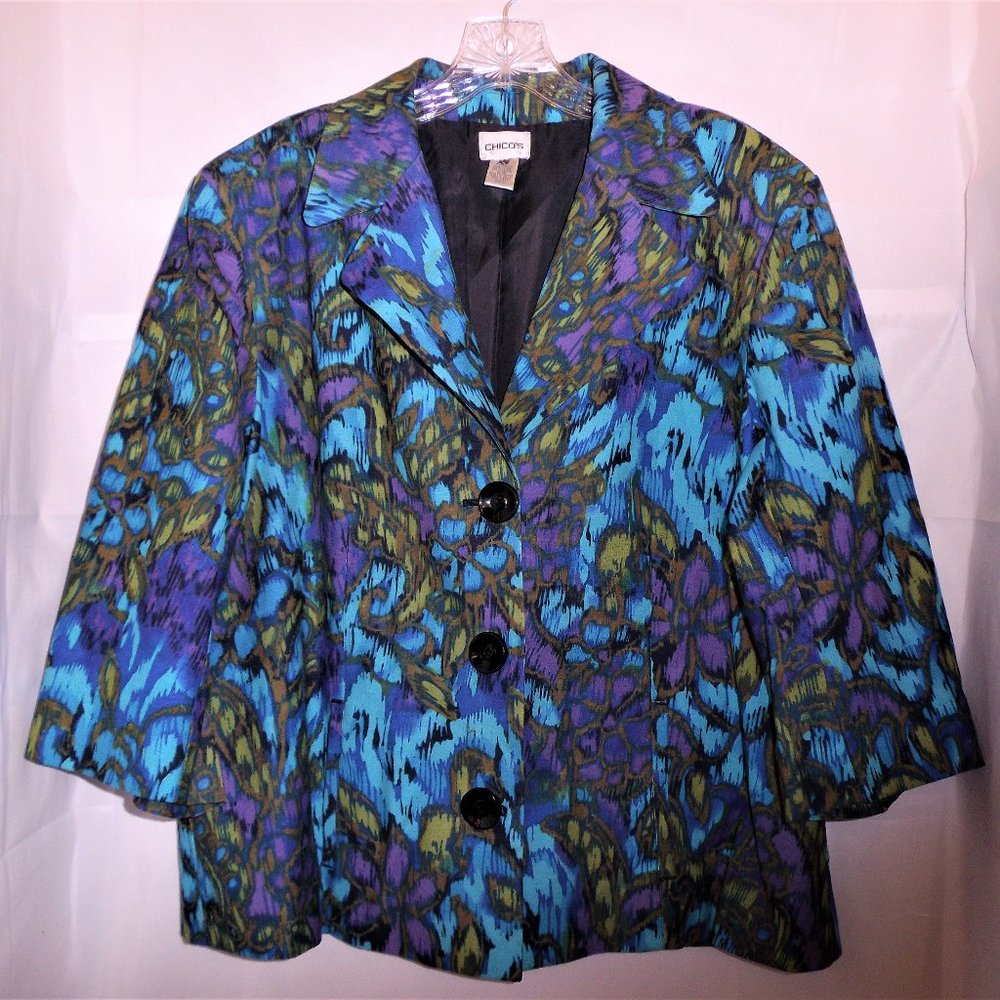 Chico's Abstract Floral 3-Button 3/4 Sleeve Blazer